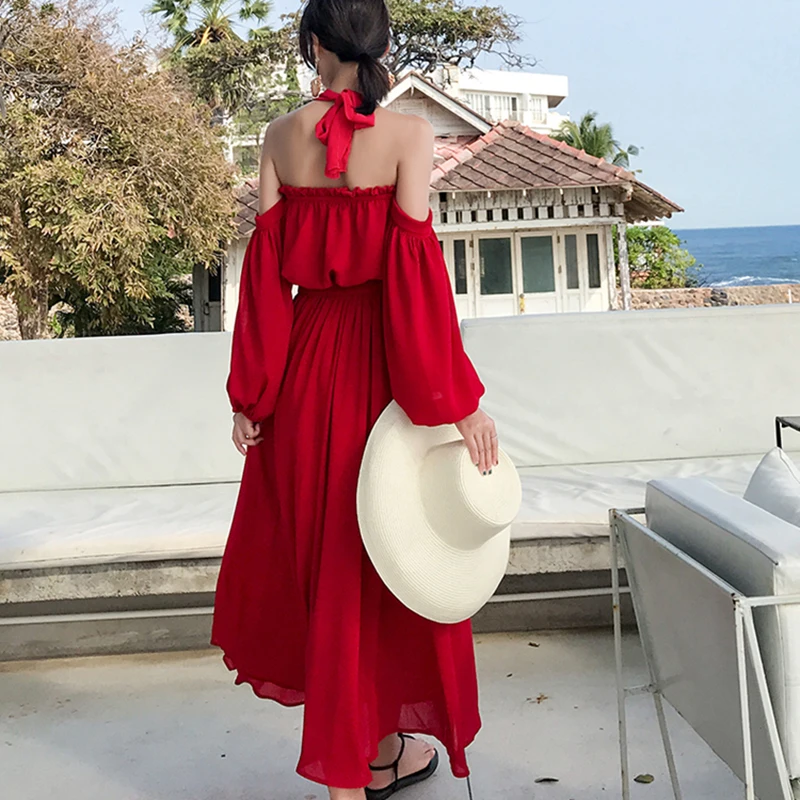Женское длинное пляжное платье с лямкой на шее летнее Элегантное повседневное в