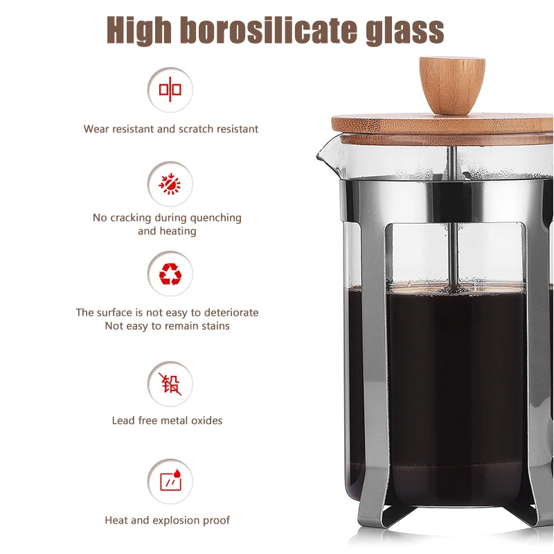 

French Coffee Heat-resistant Filter Presses Coffee Maker Pot Glass Pots Hollow Coffee Tea Teapots With Wooden Handle