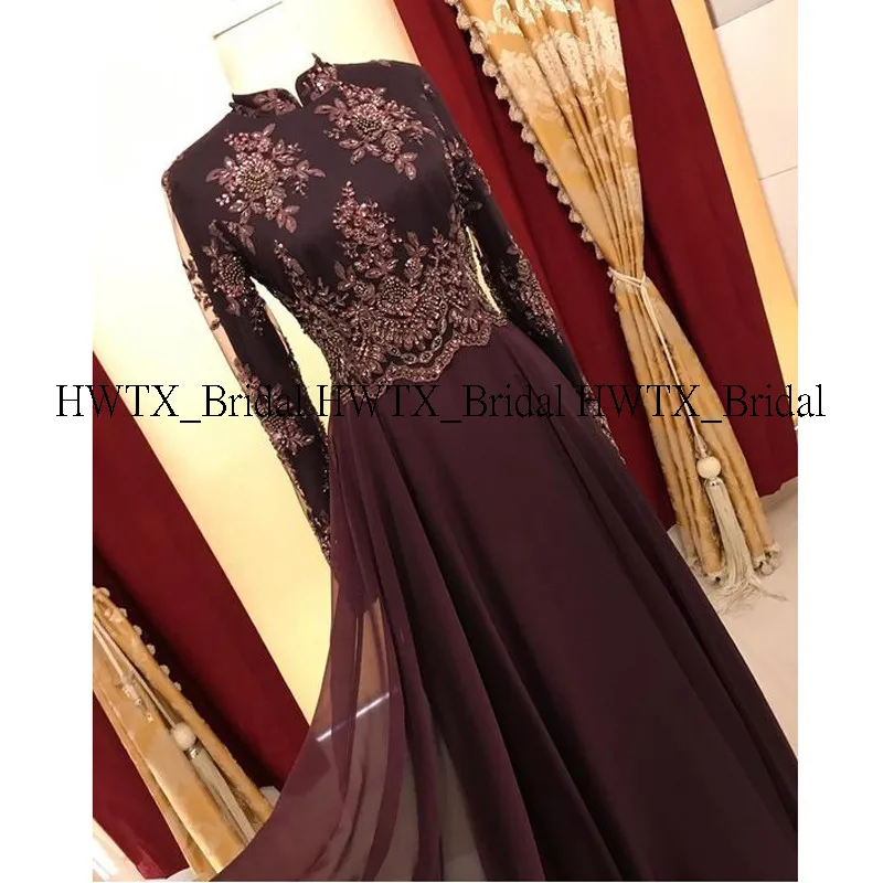 HWTX_Bridal Arabic Dubai Muslim Evening Dress 2020 Long Sleeves High Neck Burgundy Chiffon Prom Dresses Formal Party Gown | Свадьбы и