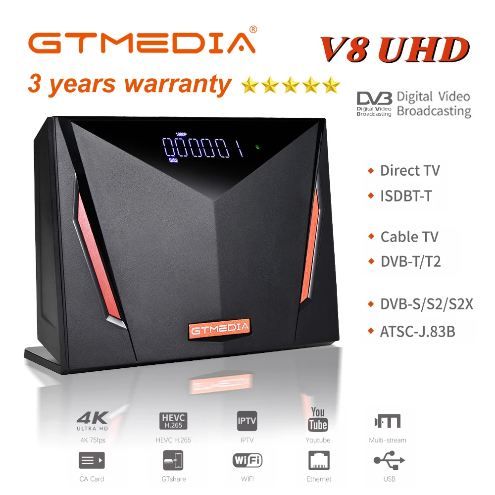 

GTmedia V8 UHD Satellite TV Receiver 4K Ultra HD H.265 Built in WIFI Support M3U CCAM OSCAM CA Card Decode DVB-S2 T2 Cable Tuner