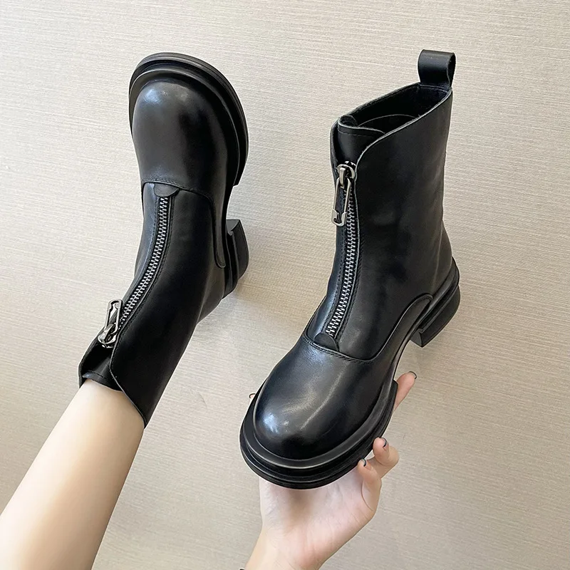 

Женские ботинки из воловьей кожи, черные короткие ботинки в британском стиле с молнией спереди, новинка осенне-зимнего сезона 2021