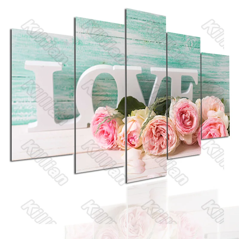 

Plant Style Mural Canvas Paintings Modular Bed Home Decor Prints 5 Pieces Pink Rose Love Poster Living Room Wall Fresco