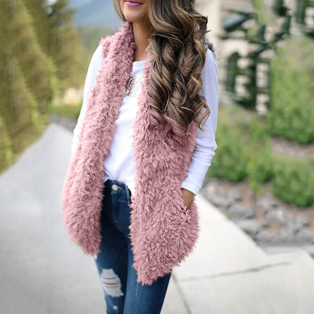 OEAK, жилет для женщин, плюшевый, Chalecos Mujer, искусственный мех, однотонный, Повседневный, без рукавов, теплый жилет, куртка, теплый кашемировый кардиган - Цвет: Pink