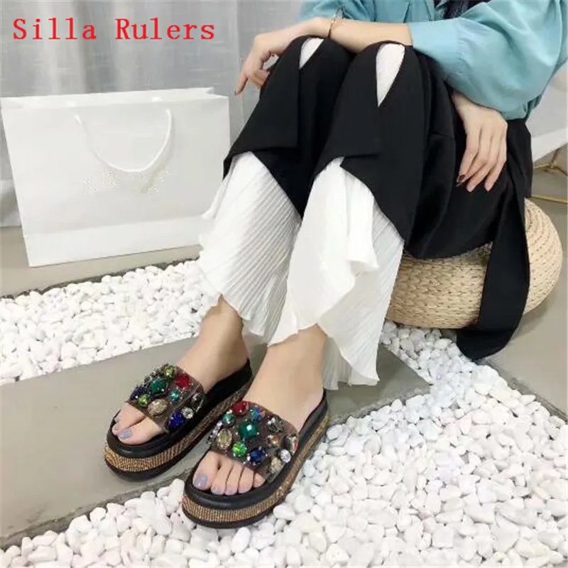 

Bohemia latest thick-soled rhinestone slippers luxury Crystal Flat leather Women Sandals Slides Shoes Woman Sandalias Mujer 2019