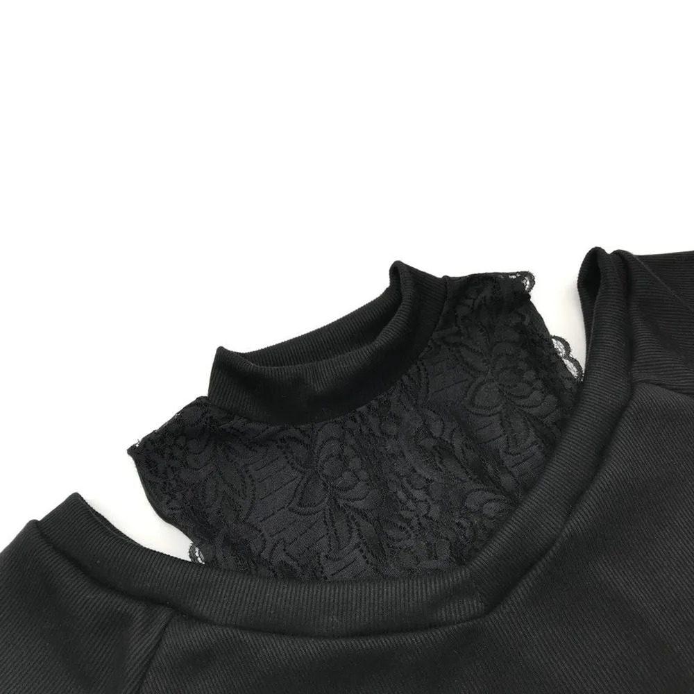 

Summer Women Top Casual Round Neck Lace Hollow Strapless Slim Short Sleeves Sexy Lace Stitching Solid Color Black Woman Tshirts