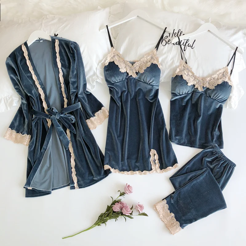 

Pleuche Pajamas Women Solid Velvet Cardigan Suits Camisole Pants 4pcs Pajamas Sets Sleep Lounge Pijama Pyjamas Homewear