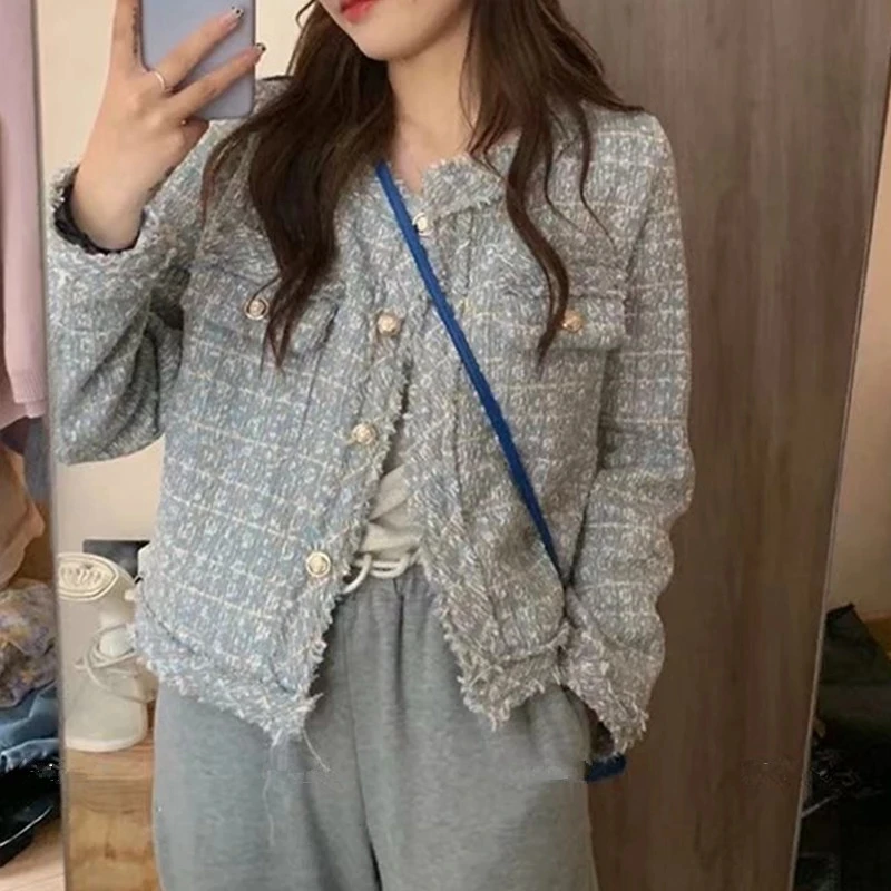 

Fringed Small Fragrant High-Quality Tweed Jacket Women Retro Round Neck Long-Sleeved Temperament Korean Jacket Ladies Coat