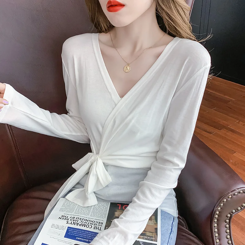 

#8556 Black White Pink Stretch Cotton Long Sleeve T Shirt Women Skinny Irregular Wrap T-Shirt Femme Thin Women Tee Shirts V Neck