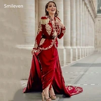 smileven luxury red dubai abaya evening dresses velvet elegant karakou algerian dresses lace evening party gowns