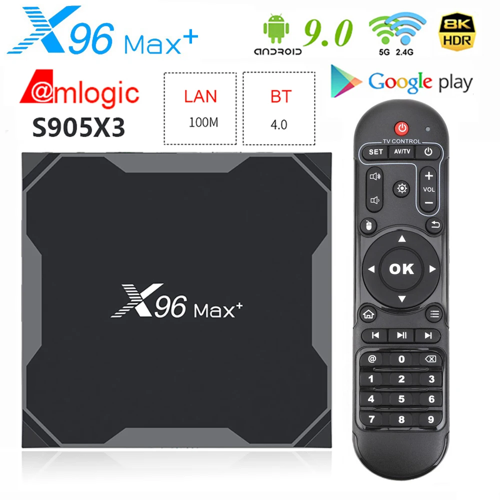 

ТВ-Приставка Smart TV X96 MAX Plus, 4 ГБ, 64 ГБ, Android 9, четырехъядерный Amlogic S905X3, двойной Wi-Fi, BT, H.265, 8K, 24 кадр/сек, поддержка Youtube