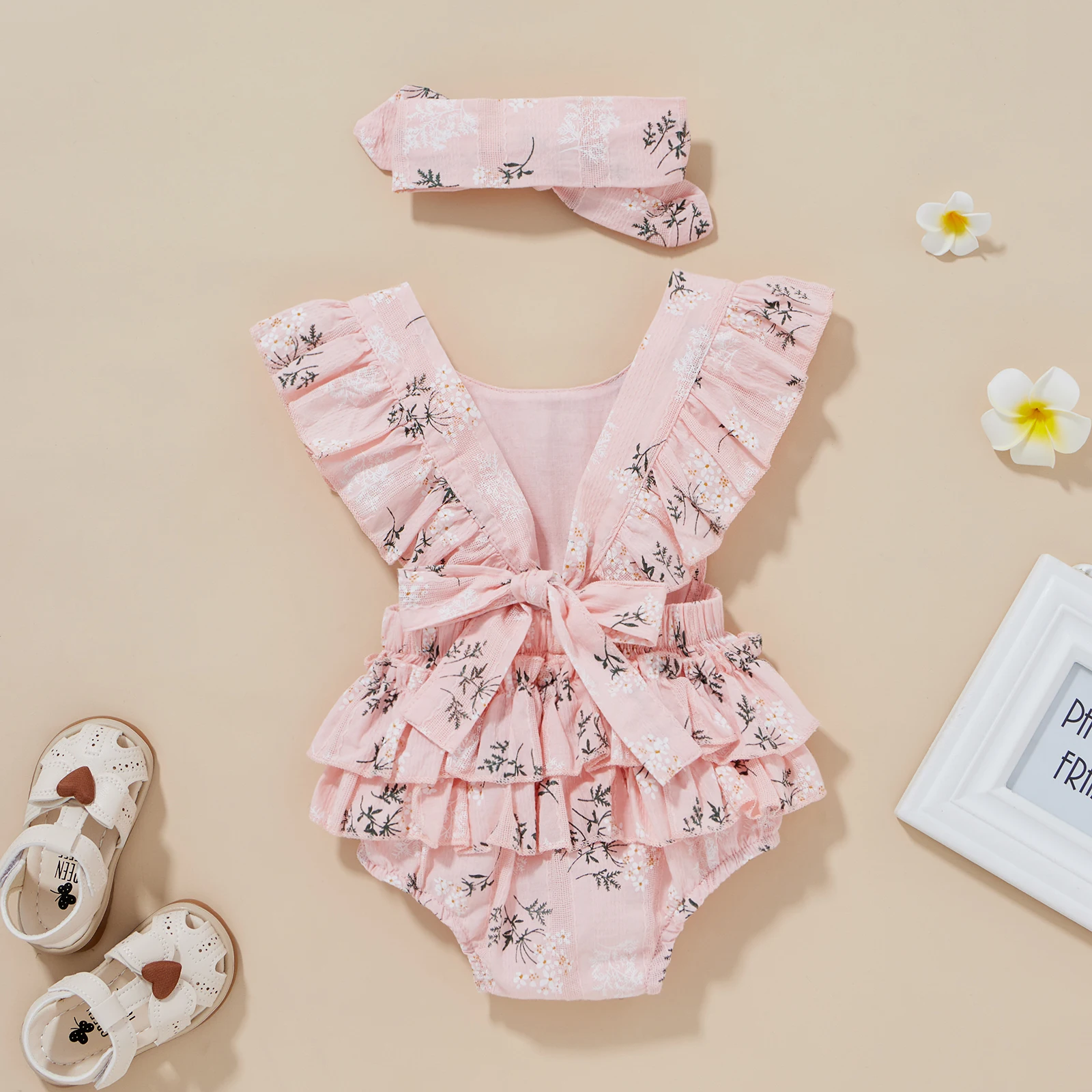 

0-24M Summer Baby Bodysuits with Hairband Set Newborn Infant Girls Cotton Linen Flower Print Round Collar Fly Sleeve Bodysuits