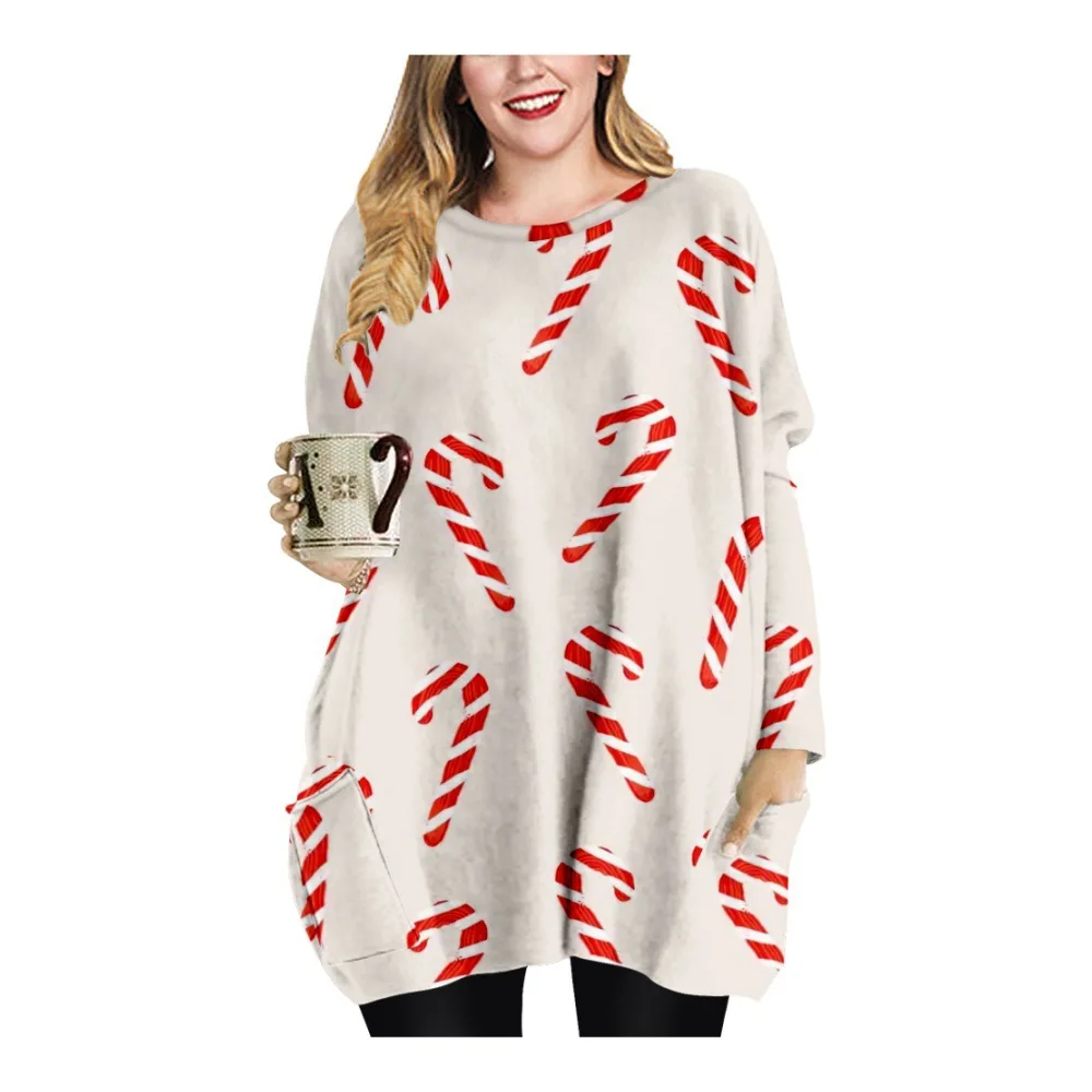

Spring and autumn long pocket T-shirt plus-size women's Christmas Snowflake element round collar dress
