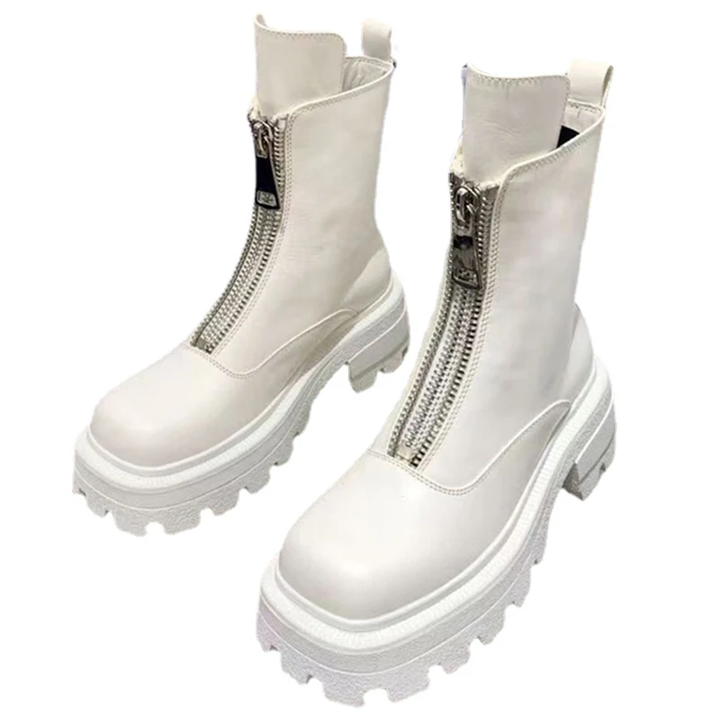 

Chunky Heel Thick Sole Martin Boots Women Real Leather Front Zip Platform Ankle Botas Handsome Motorcycle Short Boots For Ladies