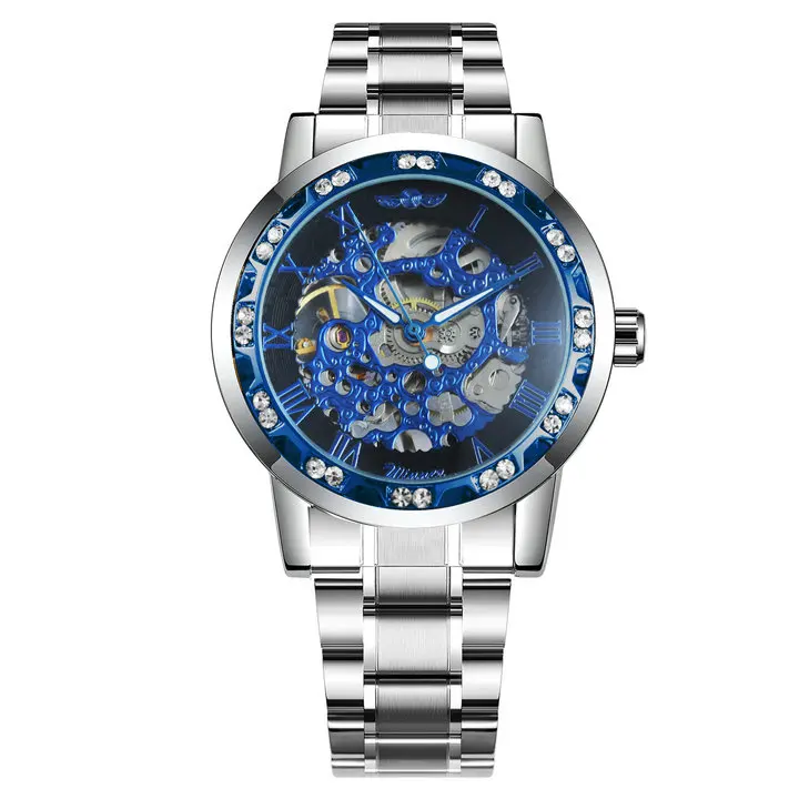 SILVER BLUE BLACK Победитель официальный Скелет механические часы для мужчин хип хоп кристалл Iced Out мужские s часы лучший бренд класса люкс стальной ремешок бизнес часы - Цвет: SILVER BLUE BLACK