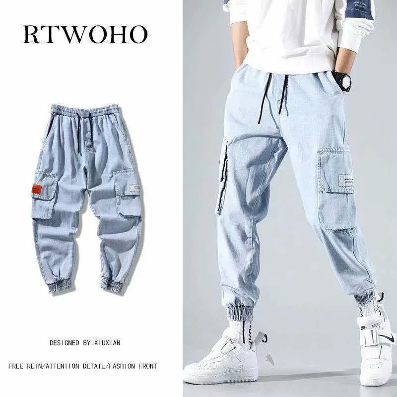 

FARDRESS Workwear jeans men's Hong Kong style brand multi-pocket small feet men's trousers light-colored pants men's jeans