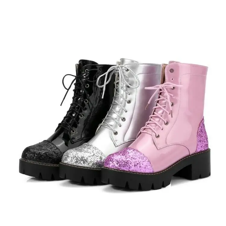 Женские ботильоны из лакированной кожи с блестками ботинки на среднем каблуке