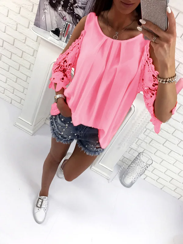 

Summer Women Chiffon Blouse Tops Fashion Casual Lace Patchwork Loose Shirt Sexy Hollow Out Off Shoulder Ladies Black White Top
