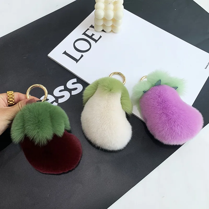12cm Real Rex Rabbit Fur Keychain Pompom Ball Cute little eggplant Fluffy Keyring Handbag Car Pendant Metal Ring Gift | Украшения и