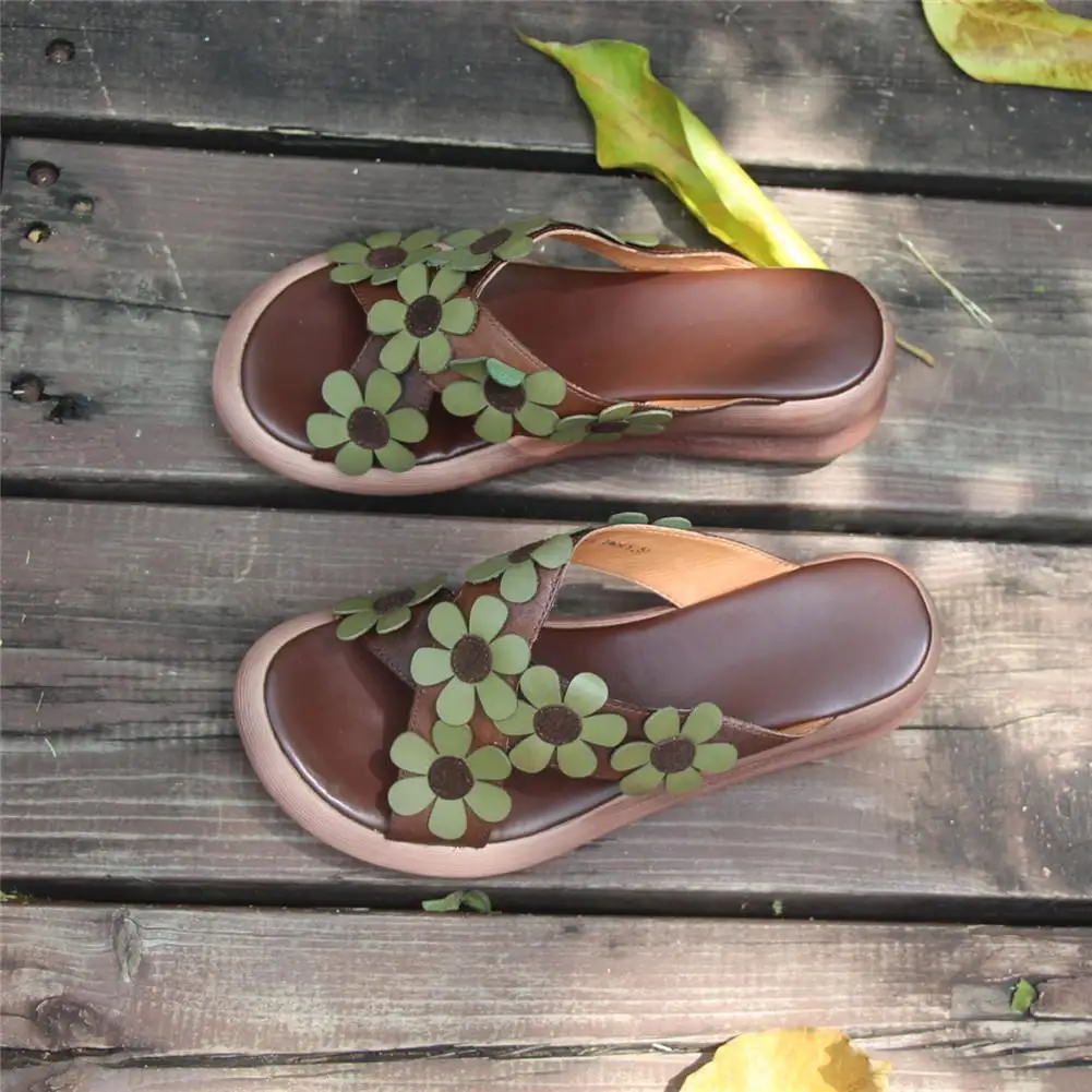 Кожаные Тапочки ручной работы в стиле ретро с цветами Босоножки на платформе