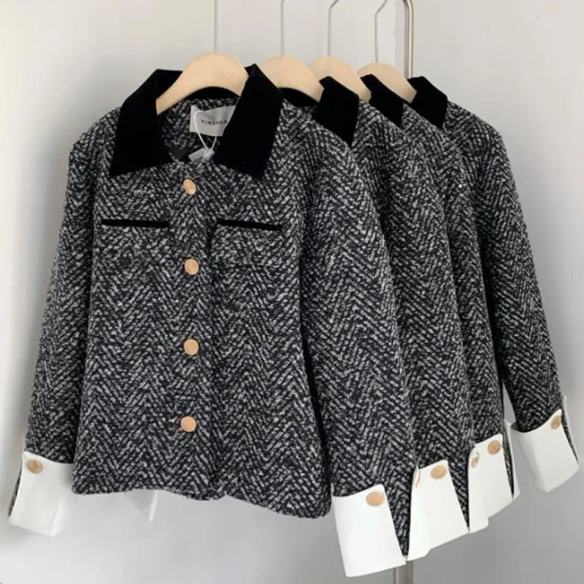 Женская твидовая куртка с отложным воротником, маленькая шерстяная куртка в стиле ретро, бархатная короткая верхняя одежда с отложным воротником, зима