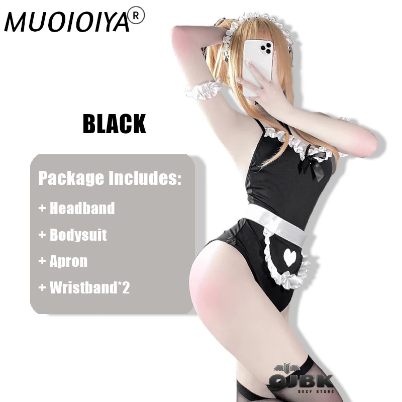 

Women Sexy Lingerie Maid Cosplay Outfit Hidden Button With Sexy Lace Apron One-Piece Bodysuit