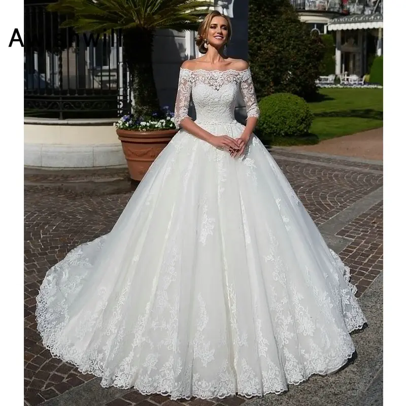 

New Arrival Off The Shoulder Princess Wedding Dress for Women Robe de Mariee Lace Appliques Tulle Wedding Gowns With Sleeves