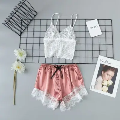Pink Женская летняя сексуальная безрукавка для отдыха кружевная Цветочная волнистая отделка топ и шорты с трусиками 3 шт нижнее белье - Цвет: Pink