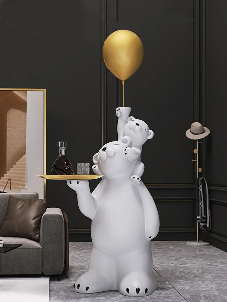 Balloon Parent-child Polar Bear Statues Decoration Living Room Large Floor Tray Light Luxury Home Accessories Housewarming Gift