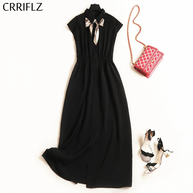 

Solid Business Chiffon Dress Women Scarf Tie Short Sleeve Turn Down Collar Summer Long Dress Ladies New Formal Dress CRRIFLZ