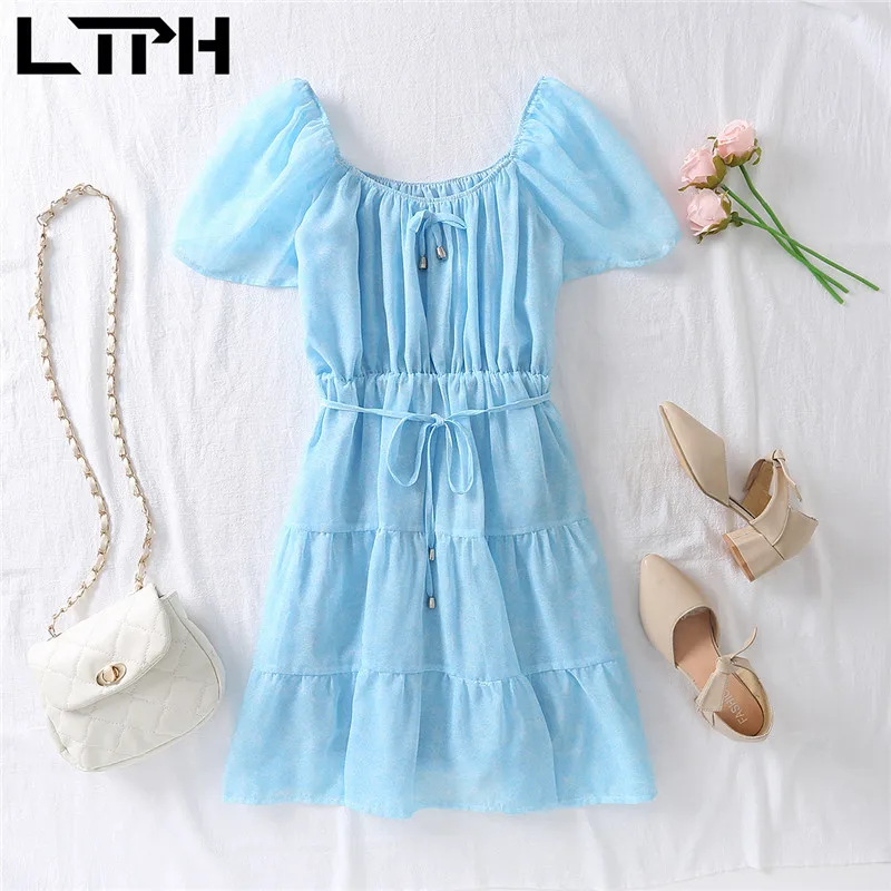 

LTPH French sweet fresh chiffon dress women elegant ruffle stitching square collar short sleeve dresses 2021 summer new