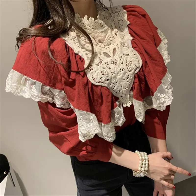 

Streetwear Retro All Match Fresh 2021 Cotton Linen Sweet Loose Women Patchwork Lace High Quality Casual Basic Shirts