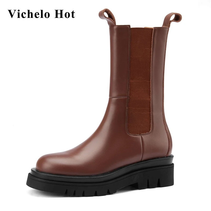

Ботинки Vichelo женские из натуральной кожи, простые повседневные ботинки до середины икры в британском стиле, с круглым носком, на высоком каб...