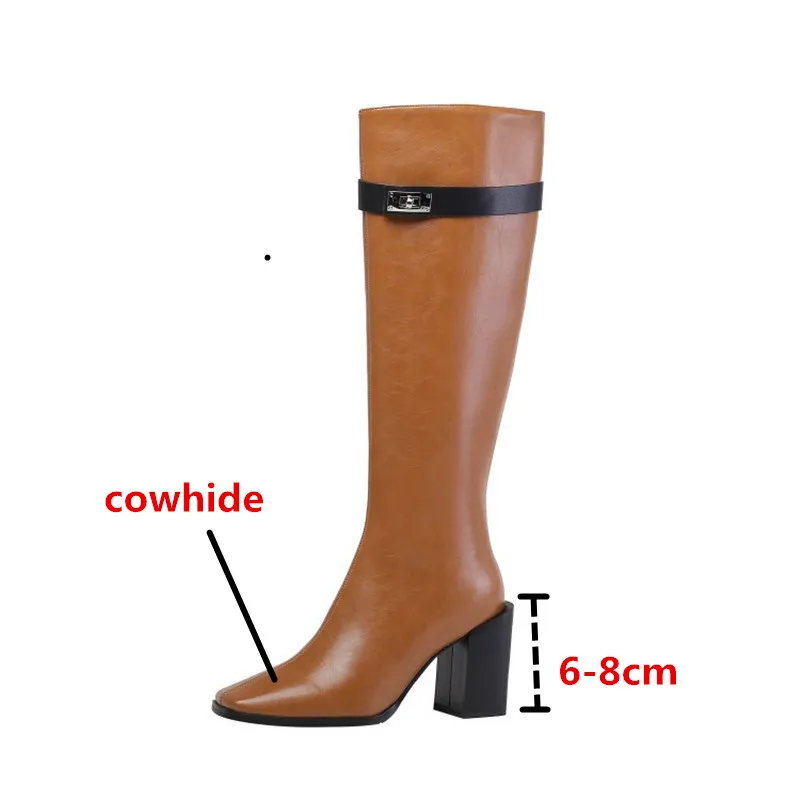 

Prova Perfetto Genuine Leather Retro Knee High Boots Women Square Toe Zipper-Sid High Heels Buckle Strap Mixed Colors Long Boots