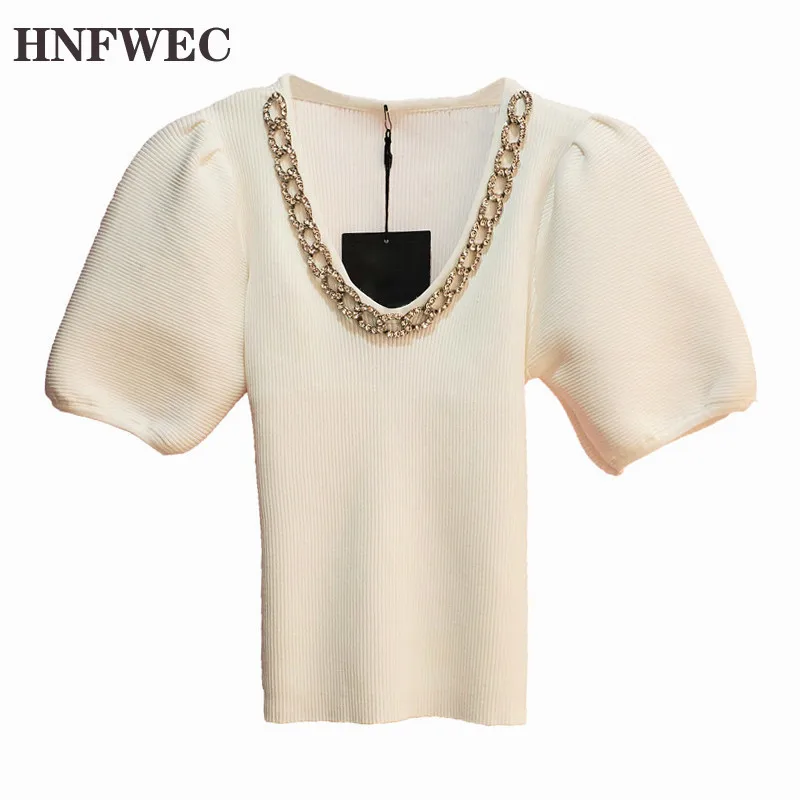 

Sequined Chain T Shirt For Women O Neck Puff Short Sleeve Solid Minimalism Causal T Shirts Female 2020 Summer New Clothing P895