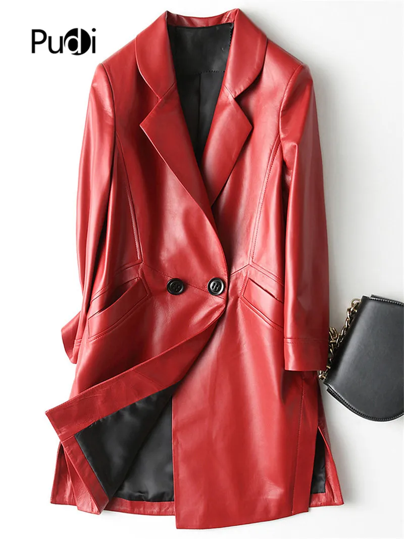 

PUDI New Women Genuine Sheep Leather Coat Lady Long Dress Style Jacket Real Sheepskin Leather Fall Winter Coats A22100