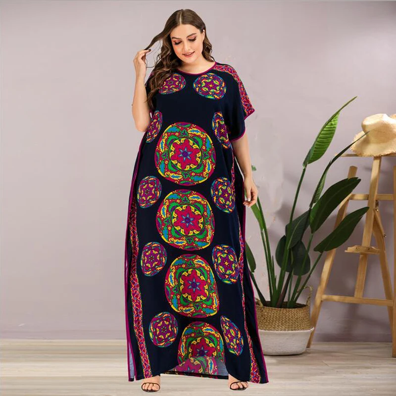 

Винтажное этническое платье-макси большого размера, летнее платье, мусульманский кафтан с коротким рукавом, Свободный Повседневный халат, ...