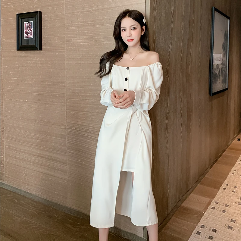 

Korean Design Irregular Slit Dress Square neck Autumn Mid-length long-sleeved Dress Solid Women dress