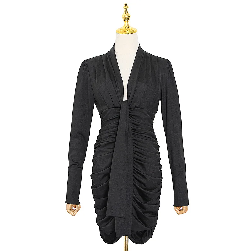 

European autumn new retro elegant v-neck high waist pleat slim small black skirt short hip dress