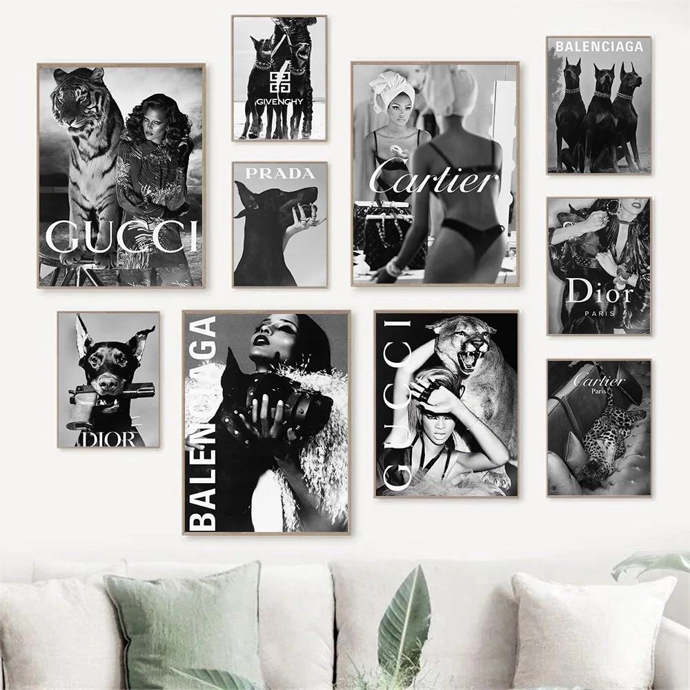 

Black and White Fashion Star with Dog Tiger Leopard Poster Vogue Pictures Wall Art Canvas Painting For Living Room Home Decor