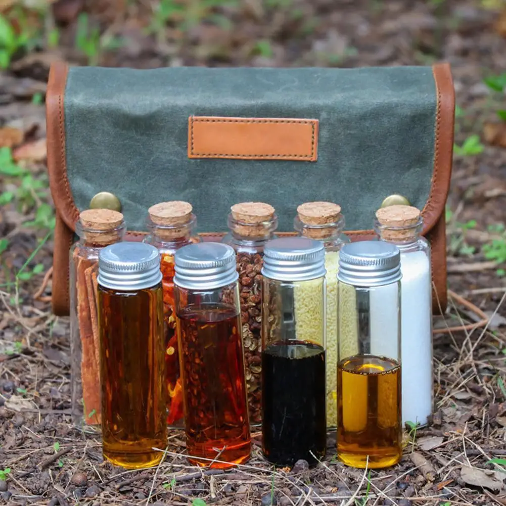 

Outdoor Camping Cowhide Glass Seasoning Bottle Barbecue Bottle Portable Box Picnic Oil Seasoning Z4n0