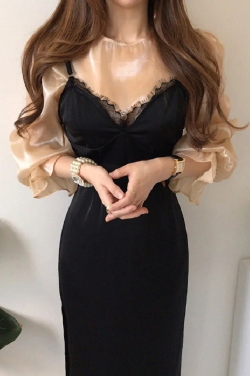 

Korean Style Women 2pcs Set Autumn Flare Long Sleeve Chiffon Blouse And Lace Patchwork Black Party Strap Dress Female New 2021