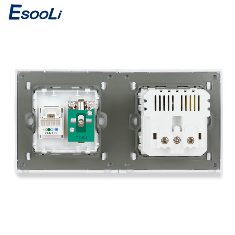 

Esooli Crystal Glass Panel EU Standard Electric Socket with 2 USB + 1 Gang RJ11 Telephone and Female TV Jack Connector 172*86mm