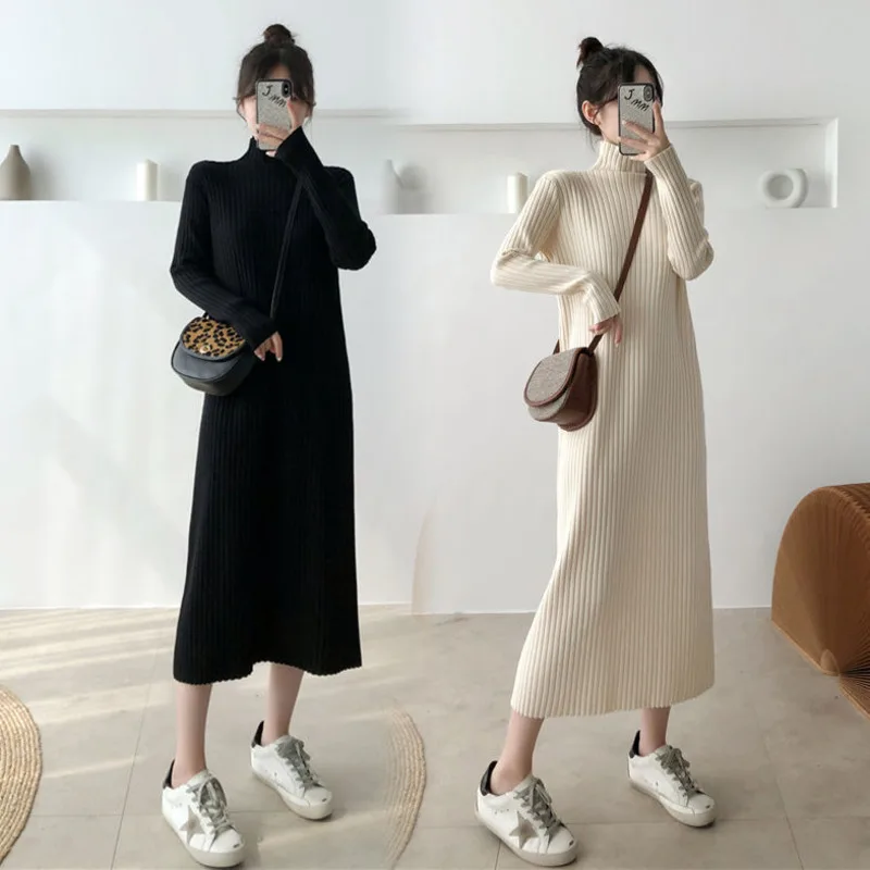 

2021 Autumn Knitted Casual Sweater Pullover Slim Dress Warm Turtleneck Elegant Tunic Dresses Female Winter