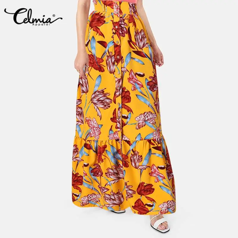 

2021 Celmia Bohemian Floral Print High Waist Maxi Skirts Women Casual Buttons Stitching Skirt Pockets Elegant Pleated Long Skirt