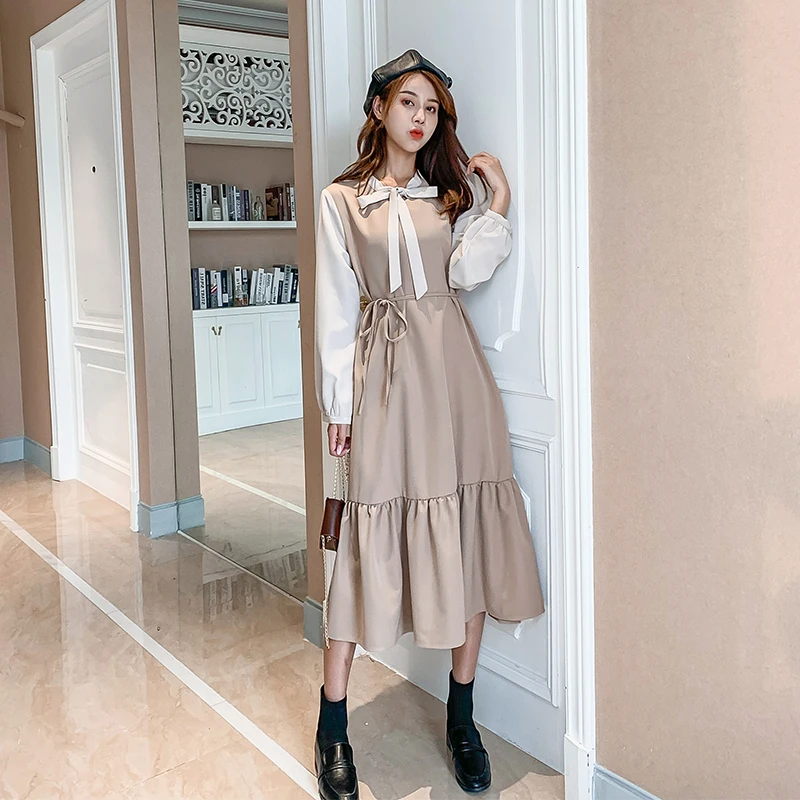 

Новинка 2022, весенне-летние платья для женщин, винтажное женское платье в японском стиле пэчворк с длинным рукавом и двойным бантом, женские ...