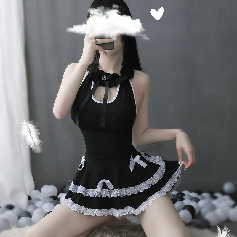 

Sexy Maid Dress Kawaii Lingerie Black Bandage Mini Dresses Blackless Cosplay Maid Uniform Erotic Apparel Women Party Nightdess