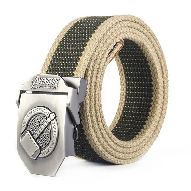 Khaki strip Новинка, мужские ремни с пряжкой Thor Hammer, высокое качество, ремень на талию Мстителей для мужчин, повседневный стиль, тактический ремень в полоску для джинсов - Цвет: Khaki strip