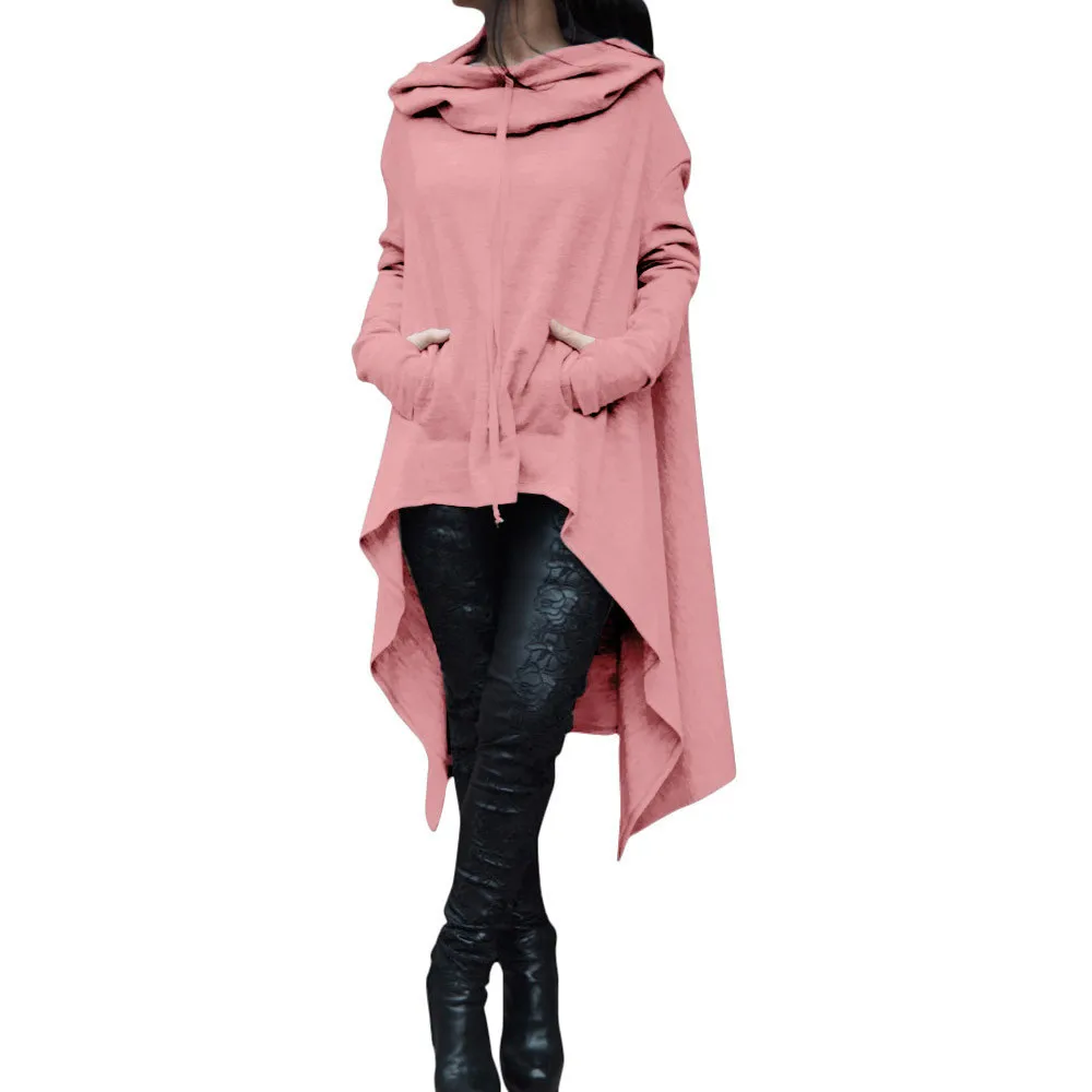 Pink 5XL Женская однотонная свободная Длинная толстовка с асимметричным подолом с капюшоном, толстовка со шнурком, необычная уличная женская верхняя одежда Sudadera# Y3 - Цвет: Pink
