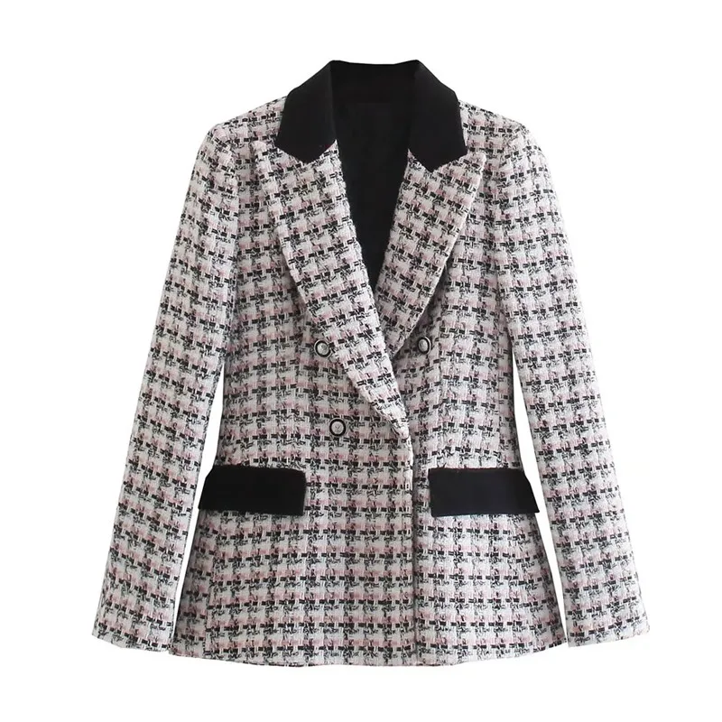 

Winter 2021 Women Tweed Suit Plaid Blazer Woman Long Sleeve Fitted Coat Double Breasted Office Casual Women's Blazer