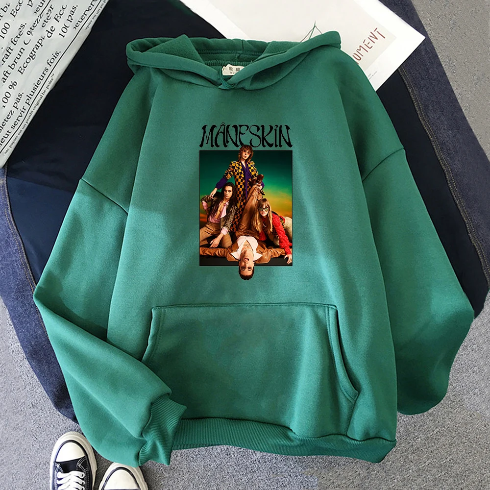 Italian Band Maneskin Print Graphic Hoodie Women Sweetshirt Hip Hop Streetwear Light Green Clothes Funny Sudaderas Casual Hoody